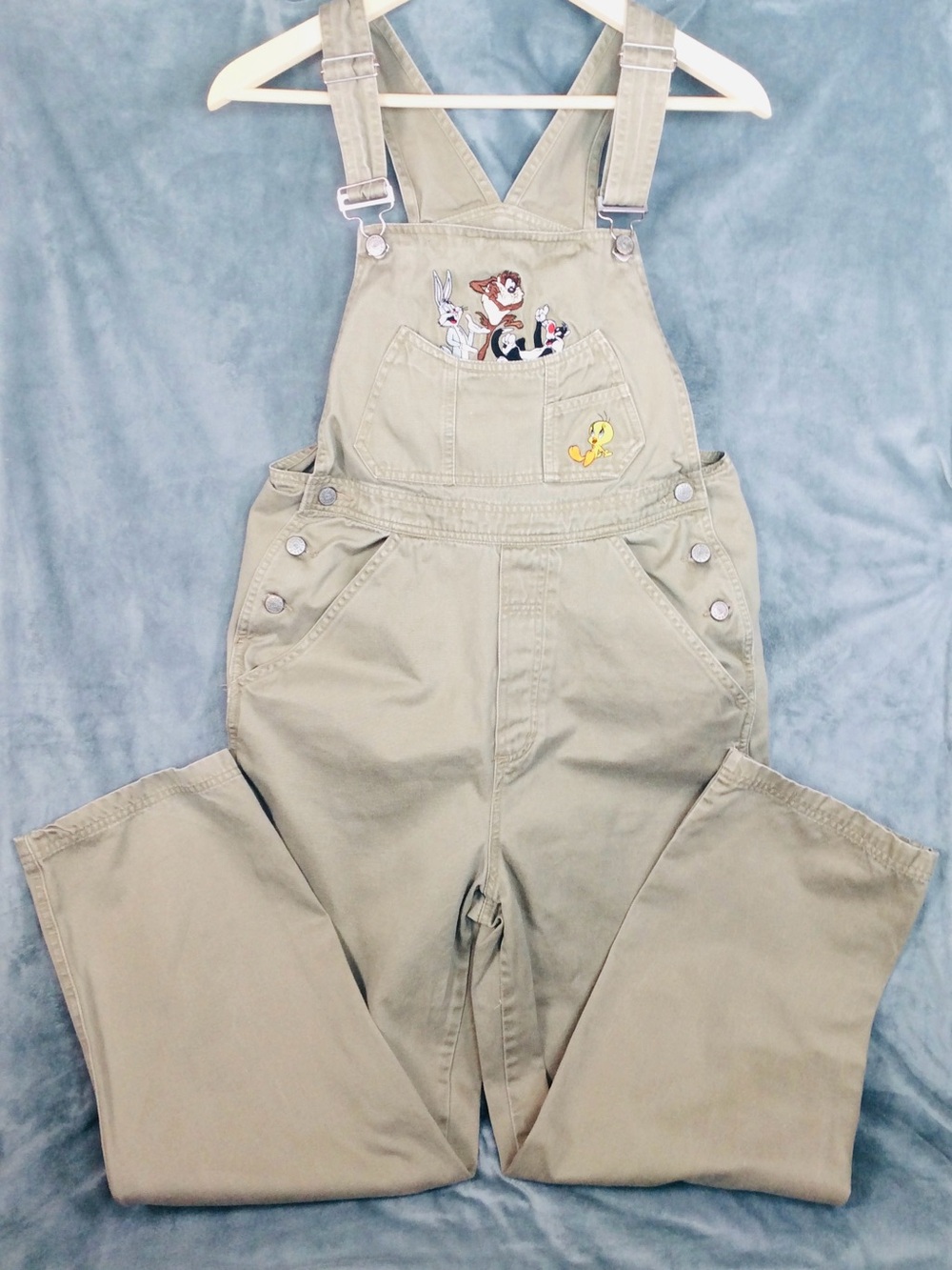 Warner Bros Studio Vintage Khaki Beige Women’s Overalls with Cartoon Embroidery
